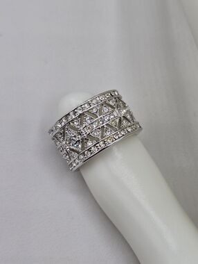Swarovski Crystal Elements Silver Filigree Wide Band Ring Size 6.5 Prom Formal